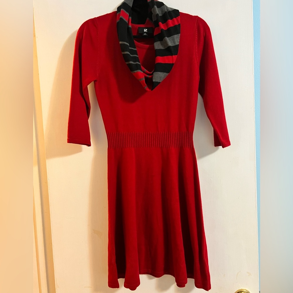 IZ Byer - Red Fit & Flare Sweater Dress w/ Scarf (NWOT)  - Medium